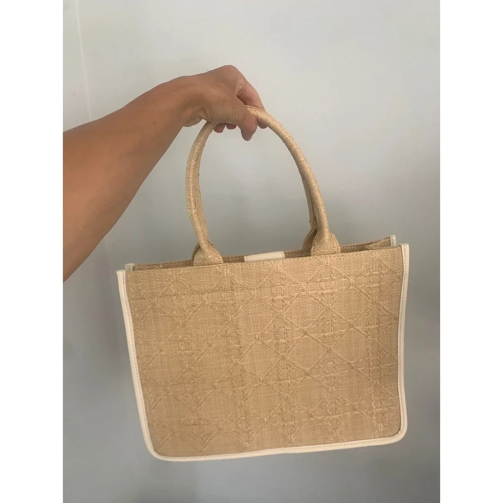 Antik Kraft‎ Woven Straw Tote Bag Beige Cream Geometric Coastal Boho Handbag